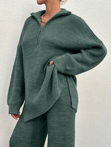 EURMUSE 2pcs Women's Plain Zip Up Long Sleeve Sweater Suit And Sweatpants - Mint Green - View 5