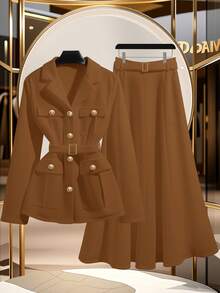 GlowEve Women's Elegant Single-Breasted Jacket And Skirt 2 Pieces Set, Suitable For Commuting In Autumn - Brown - View 4