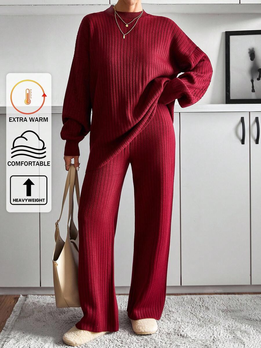 SHEIN Cottnline Burgundy Ribbed Knit Top With Textured Balloon Sleeves ...