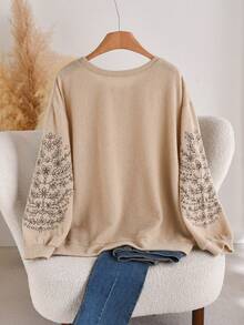 CosyJoli Tricou casual cu guler rotund, pulover, texturat, cu nervuri, brodat, mărime plus - Cămilă - Vizualizare 2