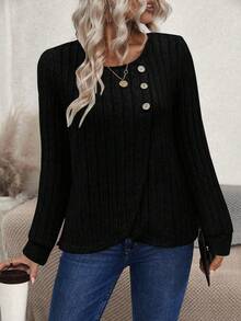 SHEIN LUNE Pull-over femme à manches longues, en tricot moelleux, couleur unie, avec ourlet peplum, décontracté. Nouveau pour l'automne/hiver - Noir - Voir 3