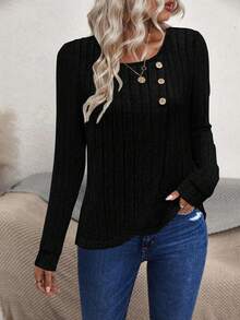 SHEIN LUNE Pull-over femme à manches longues, en tricot moelleux, couleur unie, avec ourlet peplum, décontracté. Nouveau pour l'automne/hiver - Noir - Voir 6