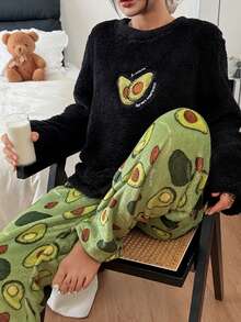 SHEIN Avocado Embroidered Fluffy Sweatshirt And Flannel Printed Pants Women Cozy Pajama Set, Winter Clothes