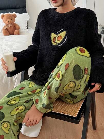 Dream Adore Avocado Embroidered Fluffy Sweatshirt And Flannel Printed Pants Women Cozy Pajama Set, Winter Clothes