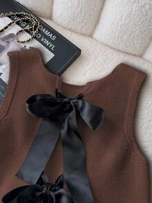 Áo len chui đầu không tay đa năng thường ngày Bow Decor, Thu/Đông - Màu Khaki - Xem 4