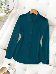 Franclia Áo sơ mi trơn cổ bẻ đơn giản trong suốt - Màu xanh ngọc - Xem 4