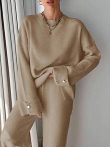EURMUSE Women Button Detailed Sweater And Pant Set - Camel - View 7