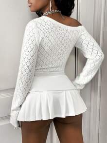 Sirith Women's Autumn/Winter New Oblique Shoulder Fuzzy Argyle Knit Pullover Sweater - White - View 2