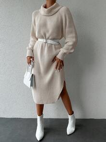 EURMUSE 高領插肩袖高衩毛衣洋裝不附腰帶 - 米色 - 查看 6