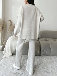 EURMUSE Drop Shoulder Cardigan & Knit Pants - Beige - View 2