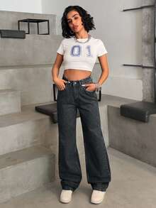 EURMUSE HIGH WAIST CASUAL STYLE DENIM STRAIGHT - Dark Grey - View 4