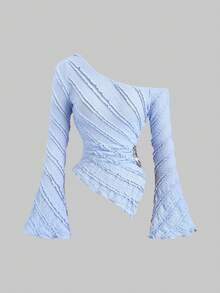 Sweetra Blusa de manga larga con bajo asimétrico y decoración metálica, hecha de tela texturizada, adecuada para ir a trabajar y salidas, primavera/verano/otoño