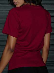 INAWLY Ladies' T-Shirt With Combined English Letter And Graphic Print For New Year Clothes Graphic Tees Women Tops - Burgundy - View 2