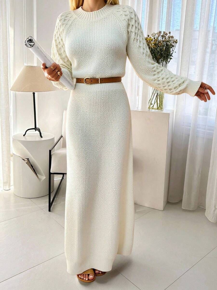 EURMUSE Vestito lungo maglia maxi con maniche a palloncino, effetto texturizzato, per donna - Albicocca - Visualizzare 1