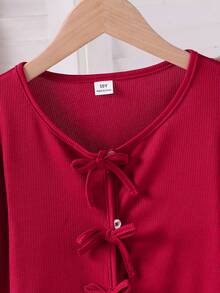 SHEIN Set de 2 piezas: Chaqueta de punto acanalado casual con decoración de lazo y vestido deslizante minimalista estampado, para primavera/otoño - Burdeos - Ver 7