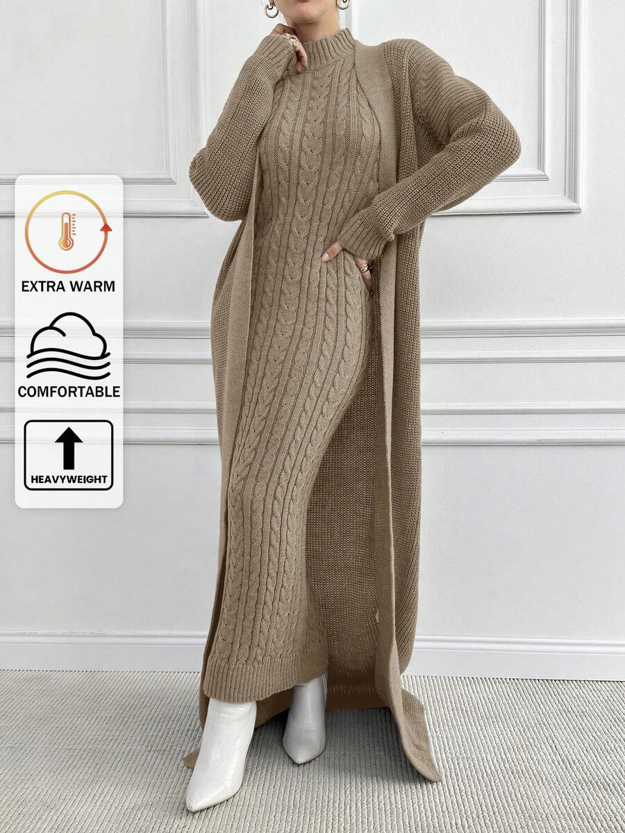 EURMUSE Women Cable Knit Sweater Dress And Cardigan Set, Casual Daily Wear Autumn/Winter - Camel - View 1