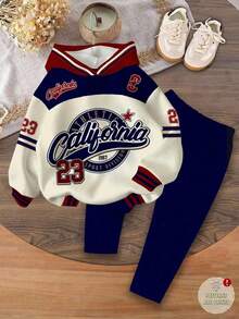 TaviRue 2 件套女婴休闲复古字母和数字图案运动超大连帽衫和宽松裤子套装 - 彩色 - 查看 2