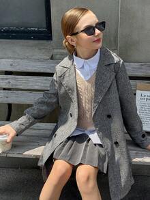 Tween Girls Fashionable Casual Loose Belted Double-Breasted Long Windbreaker, Suitable For Commuting Or Daily Wear In Autumn - Dark Grey - View 5