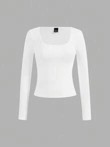 SHEIN Essnce Bộ 4 áo thun cổ vuông tối giản thường ngày dành cho nữ, màu trơn, thích hợp mặc mùa thu/đông, mặc nhiều lớp, mặc ngoài trời, áo lót - Nhiều màu - Xem 5