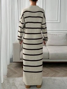 EURMUSE Apricot And Brown Striped Thick And Maxi Sweater Dress - Apricot - View 2
