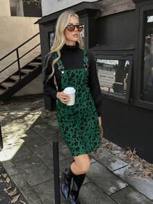 EMERY ROSE 女式豹纹口袋休闲可调节肩带套头连衣裙 - 綠色 - 查看 4