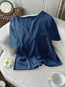 SHEIN LUNE 大码女式夏季休闲通勤简约纯色纹理 V 领扭纹前开襟衬衫 - 霧霾藍 - 查看 2