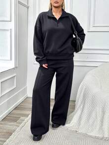 SHEIN Cottnline 100%Cotton Plus Half Zip Drop Shoulder Sweatshirt & Sweatpants - Dark Grey - View 4