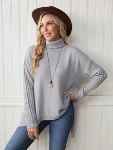 LanaWest 女士休闲日常通勤简约纯色高领落肩宽松不对称下摆套头毛衣，秋冬 - 淺灰色 - 查看 5