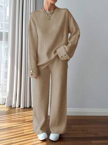 EURMUSE Women Button Detailed Sweater And Pant Set - Camel - View 6