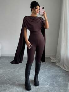 Rafferiza Women's Dark Brown Elegent Party Jumpsuit,Summer Shawl Collar Cape-Style High-Waisted Chic Two-Way Poncho Design Flowing Drape Retro Clothing - Coffee Brown - View 3
