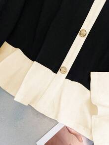 GlowEve CURVE 大码女式优雅休闲荷叶边撞色长袖 T 恤，圆领喇叭袖，纽扣装饰，简约剪裁设计上衣 - 杏色 - 查看 3