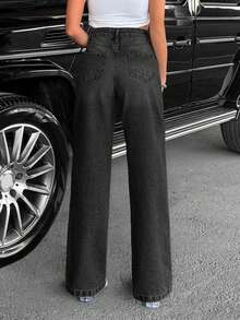 EURMUSE Women Petite High Waist Pearl Detail Casual Straight Denim Jeans - Dark Grey - View 2