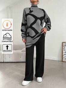 EURMUSE 2pcs Women Geometric Pattern Stand Collar Drop Shoulder Long Sleeve Casual Sweater & Knit Pants Set, Autumn/Winter - Grey - View 1