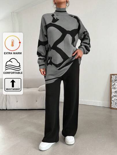EURMUSE 2pcs Women Geometric Pattern Stand Collar Drop Shoulder Long Sleeve Casual Sweater & Knit Pants Set, Autumn/Winter