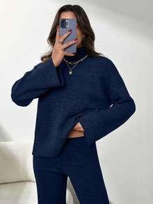 SHEIN Tall 純色長袖毛衣與針織長褲兩件套，小碼，冬季衣物，高個女性 - 藏蓝色 - 查看 7
