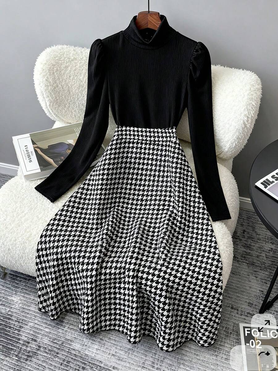 Franclia 女士秋冬日常通勤高领长袖修身衬衫和千鸟格中长裙两件套 - 黑色 - 查看 1
