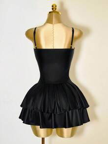 Mistrie 黑色套装女式性感连衣裙 PU 不对称罩杯束腰蛋糕褶边下摆连衣裙 - 黑色 - 查看 2