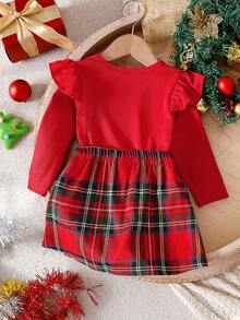 2pcs/Set Baby Girls' Ruffle Long Sleeve Top Bow Red Plaid Skirt Set, Autumn Cute Modest Fashionable Casual School Style Matching Family Outfit - Red - View 2