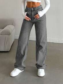 SHEIN Cottnline Snow Wash Straight Leg Jeans High Rise ,Petite Women - Grey - View 5