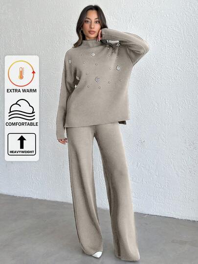 SHEIN Tall Sweter damski z perłowymi koralikami, 2 sztuki/zestaw