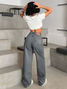 EURMUSE HIGH WAIST CASUAL STYLE DENIM STRAIGHT - Grey - View 2