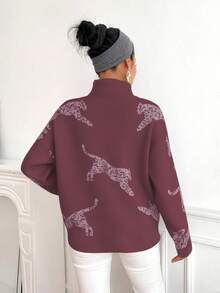 EMERY ROSE Maglione casual da donna con colletto alla coreana e stampa leopardata, adatto per l'autunno/inverno - Bordò - Visualizzare 2