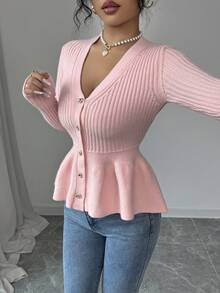 Elenzga V-Neck Slimming Patchwork Floral Hem Asymmetric Button Women Cardigan - Pink - View 4