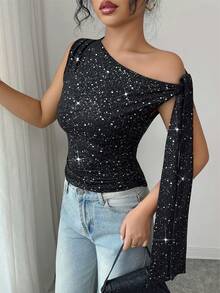 Selianne 女士黑色金属面料高档设计不对称肩部无袖单侧系带修身上衣，优雅时尚，适合生日、约会、派对、音乐节、舞会、独立日、网络星期一、万圣节、光棍节、返校派对、平安夜、感恩节、圣诞节、排灯节、秋季等场合。 - 黑色 - 查看 4