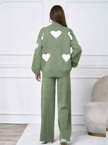 SHEIN Tall 2pcs/Set Casual Heart Pattern High Neck Sweater - Green - View 2