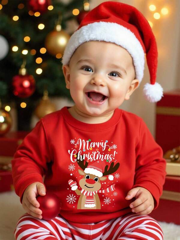 Fröhliche Weihnachten Baby Jungen modischer, niedlicher Cartoon Weihnachtsmann & Rentier Grafik, warmer, bequemer Rundhals-Sweatshirt, geeignet für Weihnachtsparty und Ausflüge