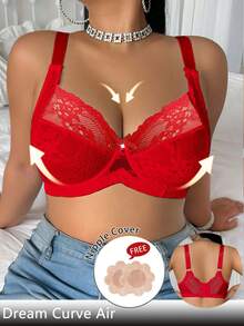 DesireSculpt 1pc Plus Size Christmas Lace Lingerie Bra With Underwire - Red - View 6
