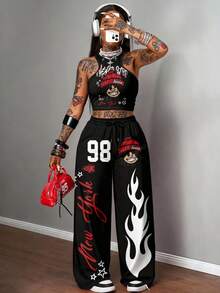 Slaydiva 2 件套女士休闲街头紧身吊带背心和宽松裤子套装，适合街头风格，黑色卡通人物和火焰印花，适合嘻哈 - 彩色 - 查看 1