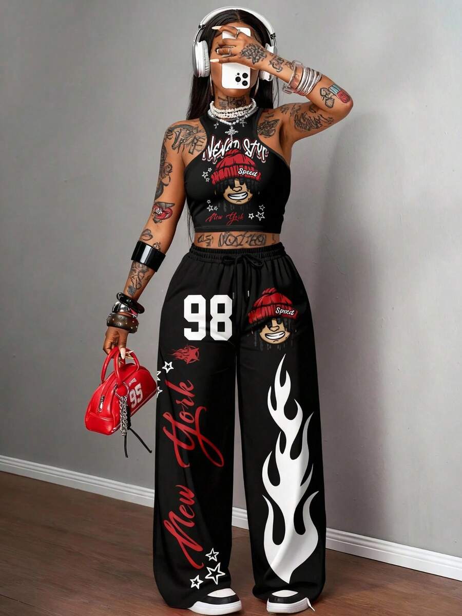 Slaydiva 2 件套女士休闲街头紧身吊带背心和宽松裤子套装，适合街头风格，黑色卡通人物和火焰印花，适合嘻哈 - 彩色 - 查看 1