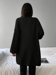 EURMUSE Dual Pocket Drop Shoulder Open Front Cardigan - Black - View 2